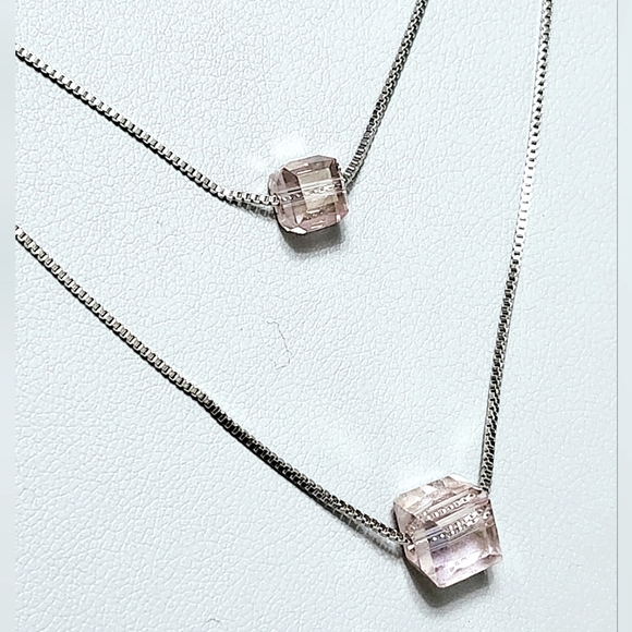 Silver double chain pink cubes Necklace - Picture 3 of 7